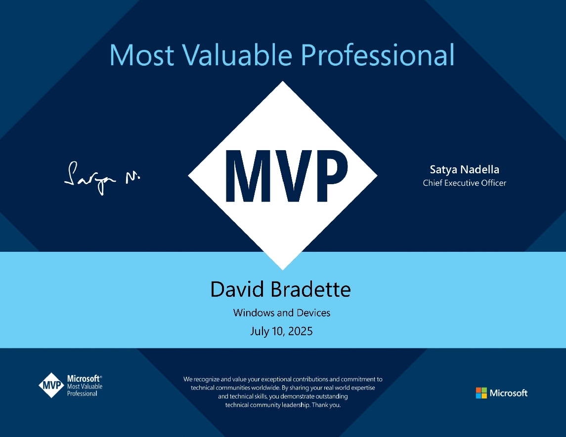 Microsoft MVP Award David Bradette