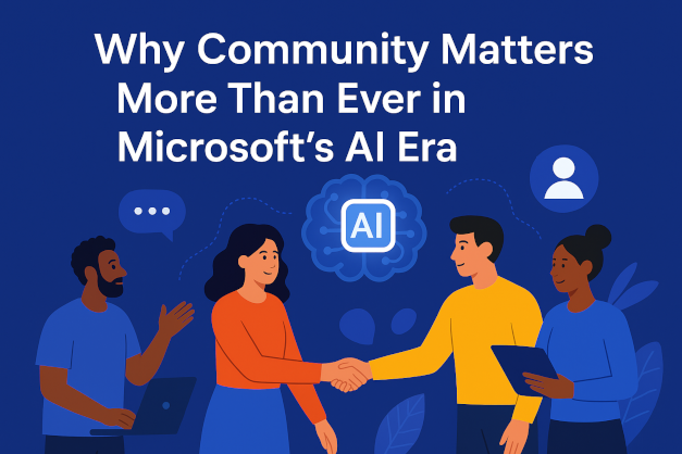 Illustration of diverse professionals collaborating around Microsoft AI technology, symbolizing the importance of community in the AI era