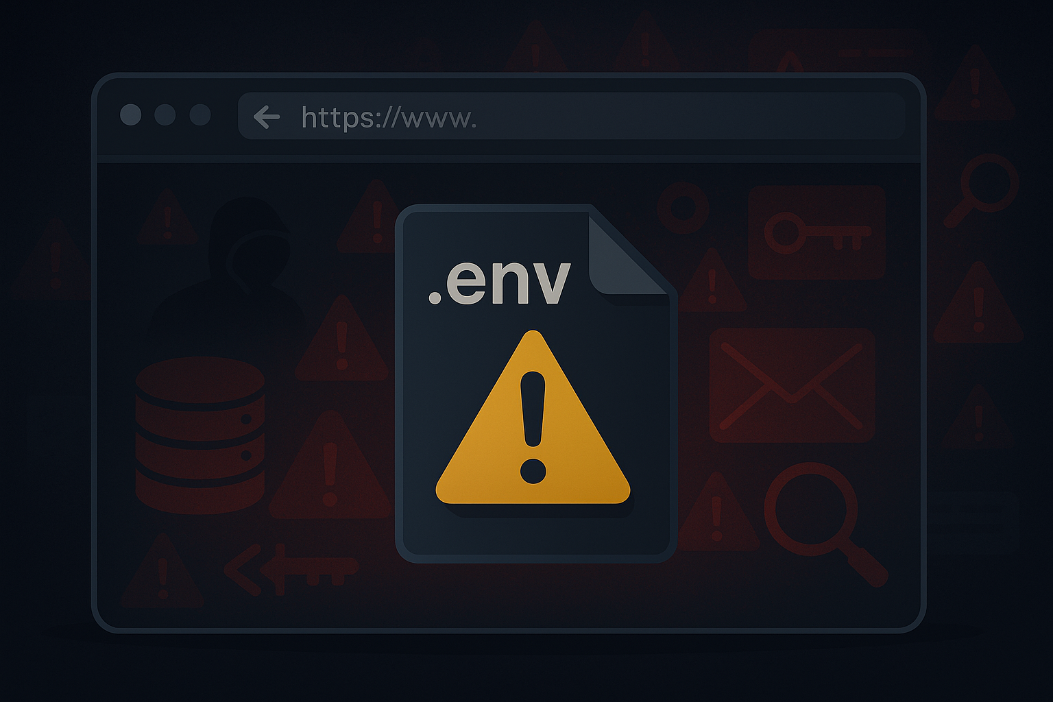 Illustration showing a .env file with a warning symbol, highlighting the security risks of exposed configuration files on websites.