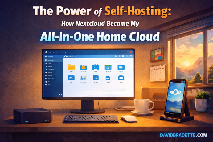 Home office desk with a computer screen displaying the Nextcloud web interface and a smartphone showing the Nextcloud logo, used as the header image for an article about self-hosting Nextcloud as an all-in-one home cloud.
