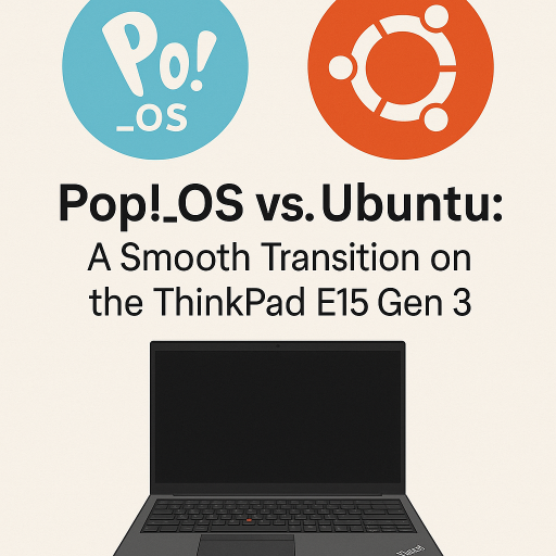 Comparison image showing Pop!_OS and Ubuntu logos above the title Pop!_OS vs. Ubuntu A Smooth Transition on the ThinkPad E15 Gen 3 with an illustration of a Lenovo ThinkPad E15 Gen 3 laptop below