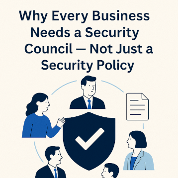 Illustration of a security council team surrounding a shield icon, representing cybersecurity governance and business security leadership